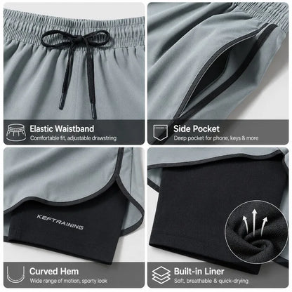 Men's 2 in 1 Gym Shorts Quick Dry Workout Running Shorts